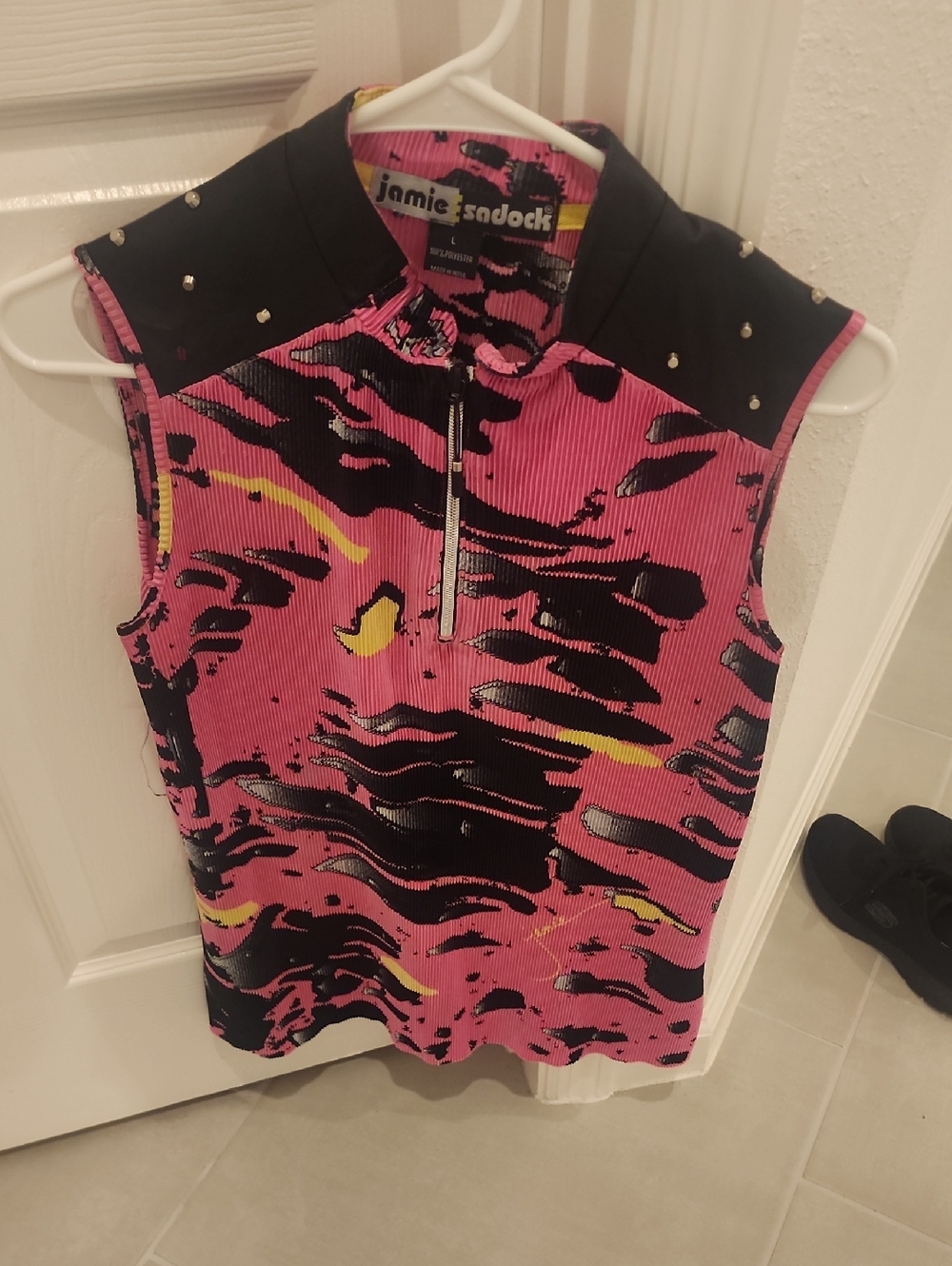 Jamie Sadock Hot Pink Abstract Zip Golf Tank with Black Yoke Size L